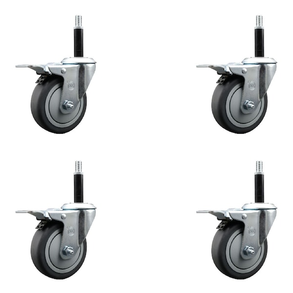 4'' Thermoplastic Rubber Swivel 3/4'' Expanding Stem Caster Set Total Lock Brake, 4PK